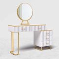 Modern White Dressing Table Set with Mirror and Tufted Stool - Geometrical Design - Makeup Vanity Desk with Storage Cabinet - Ideal for Ladies' Bedroom, Studio, and More. 