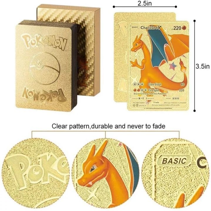 55 Cartes Pokémon Dorées – Vstar Vmax V GX – Coffret Aluminium Plaqué Or – Version Noir Or