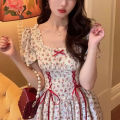 Cute Florals Dress Women Vintage Cottagecore Y2k Puff Sleeve Square Collar Lace-up High Waist Corset Dress Female. 