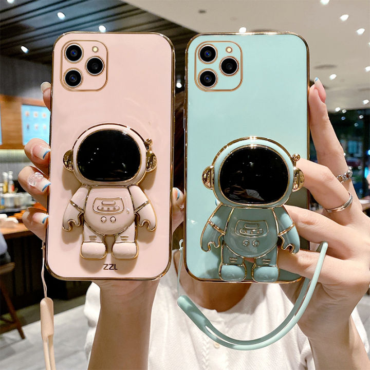 For Infinix Hot 40 / Hot 40i / Hot 40 Pro Back Cover with Lanyard + Cartoon Astronaut Folding Stand Luxury 6D Plating Square Frame Phone Case Shiny Soft Silicone Protective Cases Pouch Girls