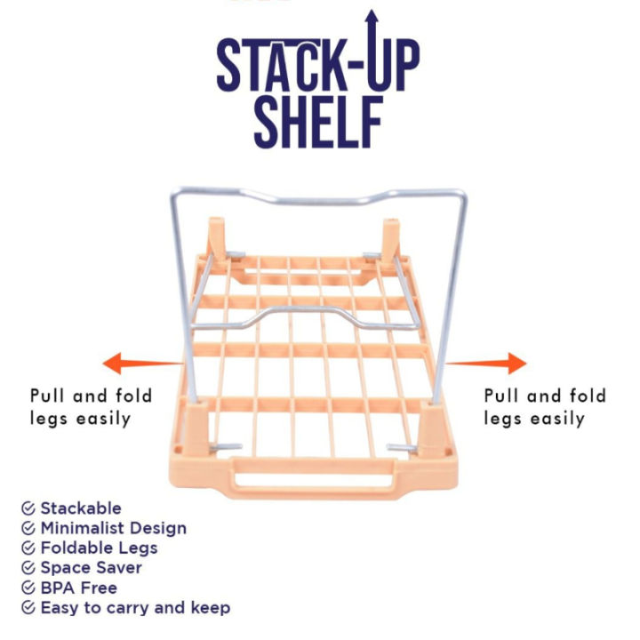 Stackable Space Saving Rack Set Of 3 Stack Up Shelf Space Saver Plastic Racks With Foldable Legs ...