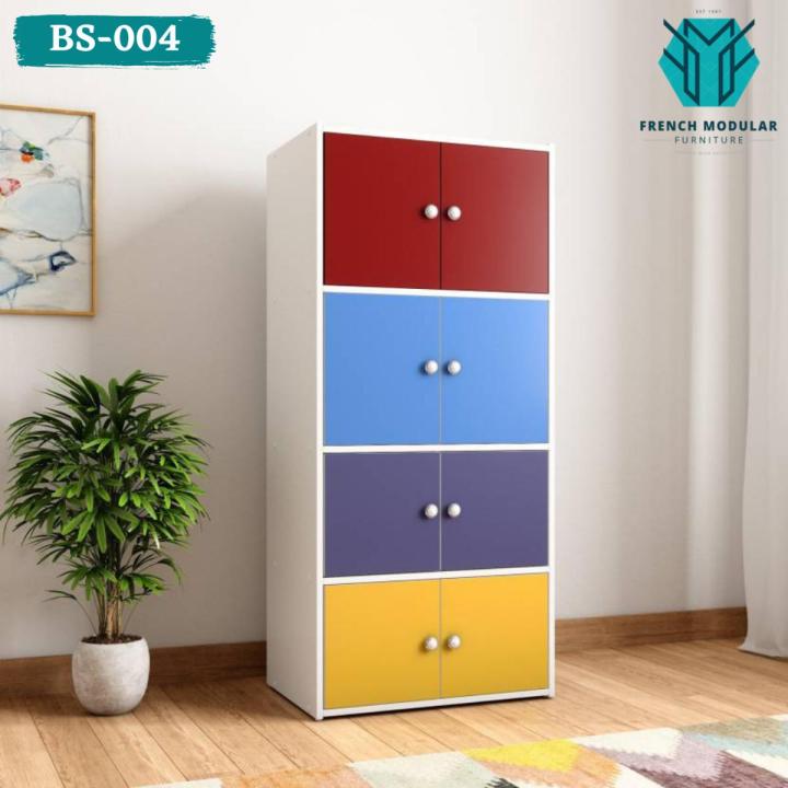 BS-004 - MDF Lasani Modern White Closed Colorful Book Shelf Storage Rack Living Room Shelves Books Furniture Children Side Board Bedroom Study Magazine Organizer - Red, Blue, Purple & Yellow