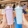 Water bottle cute rabbit glitter rainbow color plastic straw cup creative personality fun girl heart ins photo gift portable cup. 