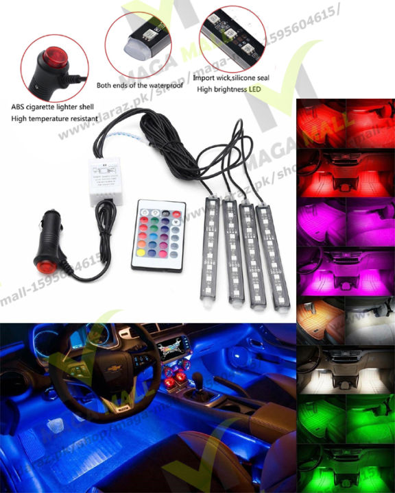4pcs Car Interior Lights RGB 12 LED Strip Light Car Auto Atmosphere Music Remote Control Flexible Neon Lamp 12V