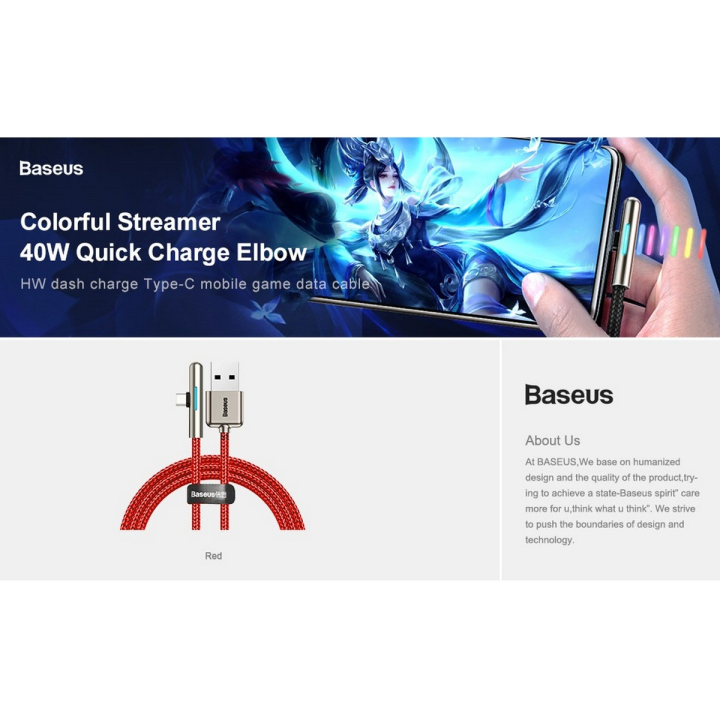 BASEUS Iridescent Lamp Type C LONG 10V 4A 40W HW FLASH CHARGE Mobile Game U S B Cable for TYPE C - 1M RED