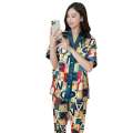 Multiple spring and summer ice silk Korean version short sleeved pants printed fat MM plus size women's sleepwear home suit set. 