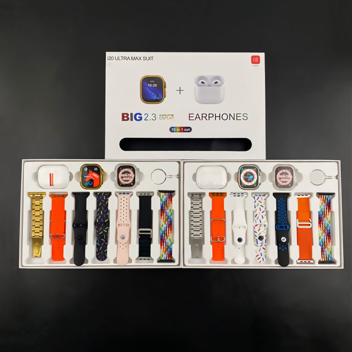 I20 / i30 / i60 Ultra Max 10 in 1 Smartwatch Bundle - 2.3-Inch Large Screen, 7 Straps, and Bonus AirPods2 - Complete Smart Wearable Experience!