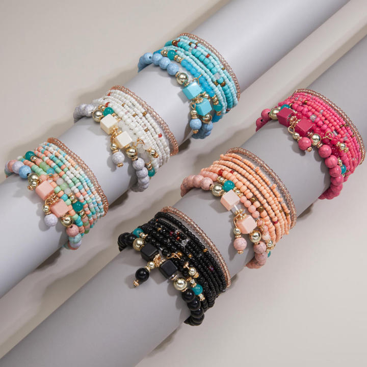 Beads Bracelet Set For Women Summer Colorful Beaded Chain Bangle Girls Boho Jewelry Accessories Bohemian Handmade