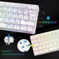 RGB gaming keyboard and  Mouse is a full mechanical model with blue switches, featuring a sleek white design and a Type-C connection The RGB gaming mouse pad is waterproof, easy to clean, and comes in a large size of 800x300mm, 3 in 1 Combo for Gamers. 