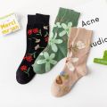 【Good-Love Store】New Cozy Breathable Combed Cotton Cute Sweet Green Khaki Black Flower Autumn Winter Tube Casual Socks Sokken. 