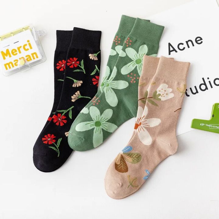 【Good-Love Store】New Cozy Breathable Combed Cotton Cute Sweet Green Khaki Black Flower Autumn Winter Tube Casual Socks Sokken