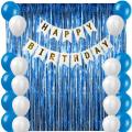 Blue Happy Birthday Theme for Birthday Party Decoration White Birthday card banner, Blue Foil curtains, Blue and White Balloons Best Happy Birthday Theme Kit for Boys or Girls.. 