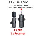 Wireless MIC Type C/IOS/Android/AUX 3.5mm Mic K15 Wireless Single/Double Microphone For Interview, Vlogging , Podcast. 
