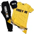 Men's Summer Free Fire Printed Track Suit Pack of 2 Yellow & Black Cotton Jersey T-Shirt And Trouser Casual Gym Wear Set. 
