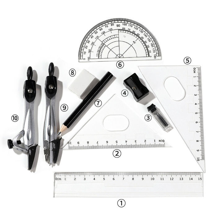 Student stationery 10-piece set compasses metal geometry drawing tools examination ruler compass set