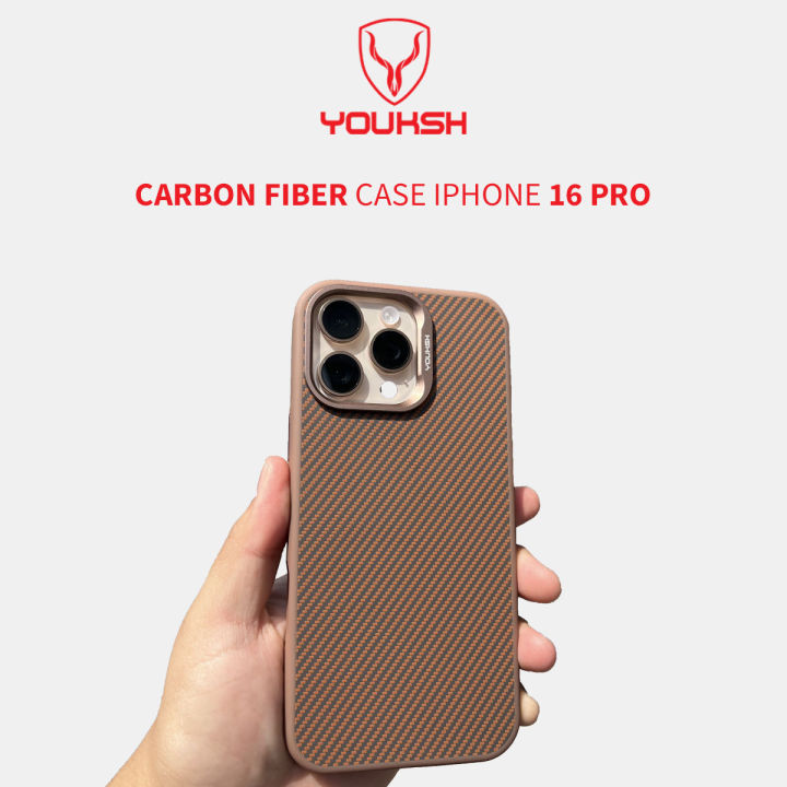 YOUKSH iPhone 16 Pro Carbon Fiber  Case - iPhone 16 Pro Carbon Fiber Magsafe  Charging  Cover - iPhone 16 Pro Matte Hard  Carbon Pouch - iPhone 16 Pro Side Soft Silicon and With Mag Safe Charging Cover.