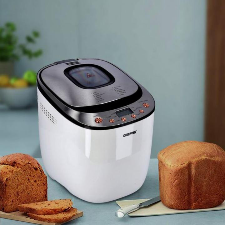 Geepas Automatic Bread Maker, 550W  Gluten Free Digital Bread Maker Machine, Homebake 1.5LB, 12 Preset Functions Fastbake  2 Loaf Sizes & 3 Crust Control  13 Hours  Non-Stick Bread Pan, White