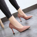 High heels women's new cat heels pointed toe black professional suede mid-heel all-match work shoes stiletto shoes 00 black. 