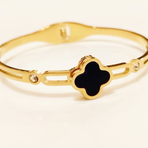 Elegant Gold-Plated Four-Leaf Clover Bangle with Black Enamel and Crystal Accents |stainless steel bracelet -Luxury Jewelry for Women |Best Gift for Girls