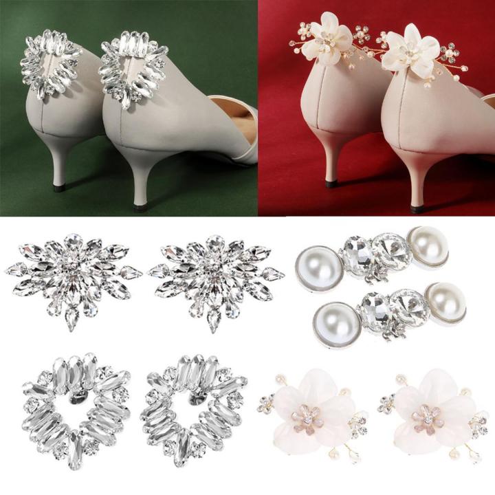 1Pair Rhinestone Shoe Clip Silk Flower Shoe Decorations Shiny Decorative Clips Charm Buckle Brooch Bride Women Shoe Accessories