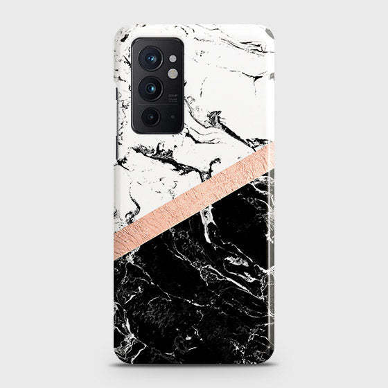 OnePlus_ 9RT 5G - Black & White Marble With Chic RoseGold Strip Printed Hard Case with Life Time Colors Guarantee