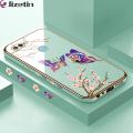 Jizetin (Free Lanyard) for OPPO F9 Realme 2 Pro Back Cover Peach Blossom and Butterfly Luxury 6D Plating Case Side Pattern Soft Silicone Square Mobile Phone Cases. 