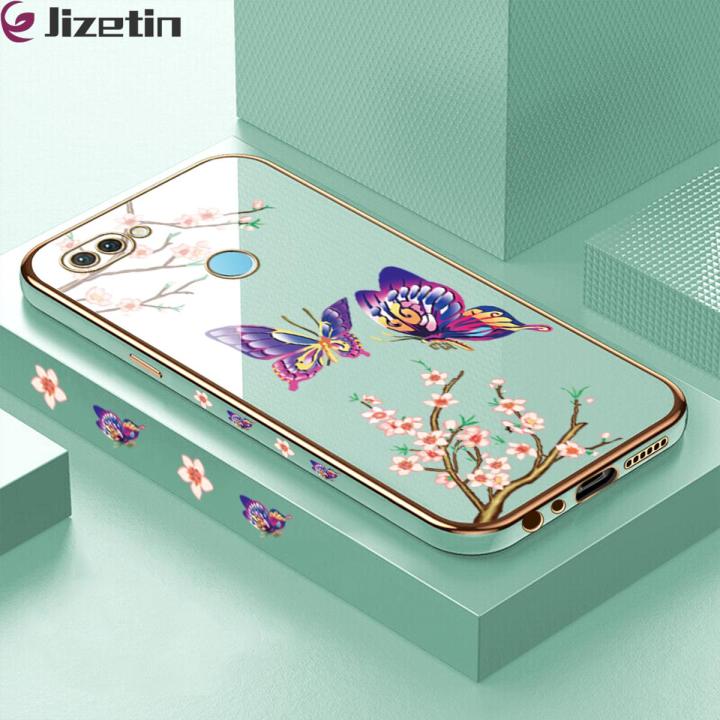 Jizetin (Free Lanyard) for OPPO F9 Realme 2 Pro Back Cover Peach Blossom and Butterfly Luxury 6D Plating Case Side Pattern Soft Silicone Square Mobile Phone Cases