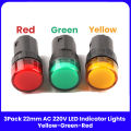 3 Pack 22mm LED Indicator Lights AC 220V | Red, Green, Yellow Signal Lamp | High-Quality Panel Mount. 