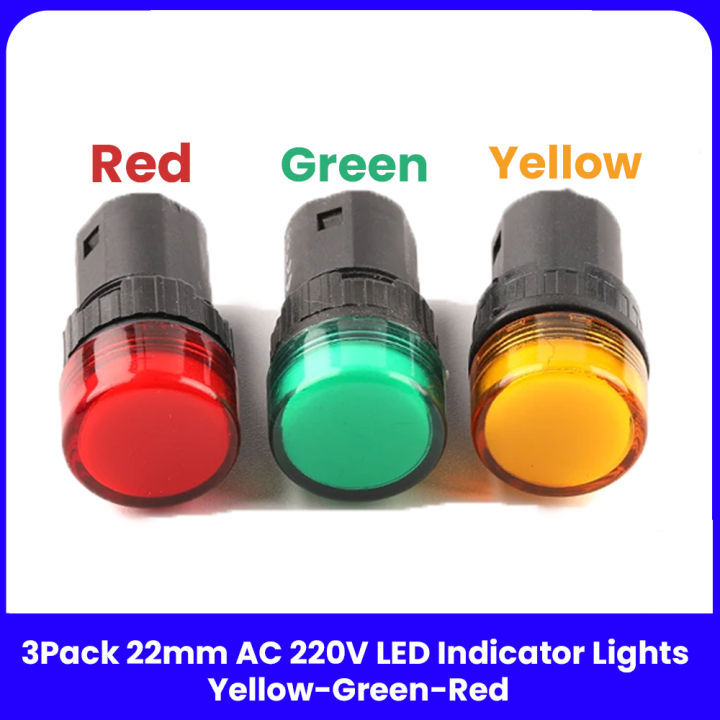 3 Pack 22mm LED Indicator Lights AC 220V | Red, Green, Yellow Signal Lamp | High-Quality Panel Mount