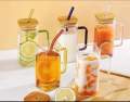 Drinking Glass with Straw, Handle and Bamboo Lid, Juice and shake Glass, Large Size. 