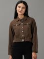 Spread Collar Crop Brown Denim Jacket. 