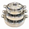 Rex Stainless Steel Hot Pot Set – 3 PCS (20CM, 24CM, 28CM) with Sliding Lock Steel Lids – Mirror Finish Double Body Insulated Food Warmer/ Cooler – Export Quality Hotpot Set. 
