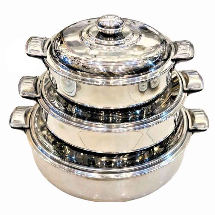Rex Stainless Steel Hot Pot Set – 3 PCS (20CM, 24CM, 28CM) with Sliding Lock Steel Lids – Mirror Finish Double Body Insulated Food Warmer/ Cooler – Export Quality Hotpot Set
