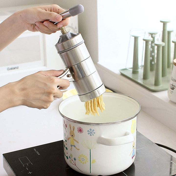 Stainless%20Steel%20Noodle%20And%20Pasta%20Maker%20Machine%20With%20Plastic%20Handle%20Nimko%20Kitchen%20Accessories%20Press%20Nimco%20Snack%20Maker%20Stainless%20Steel%20with%205%20blades%20-%20Image%204