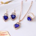 Women Heart Shape Rhinestone Pendant Necklace Lever Back Earrings Ring Jewelry. 