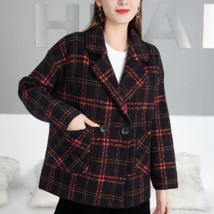 bellylady Women Short Pea Coat Retro Trendy Plaid Suit Collar Coat Elegant Slim Fit Single-breasted Warm Jacket