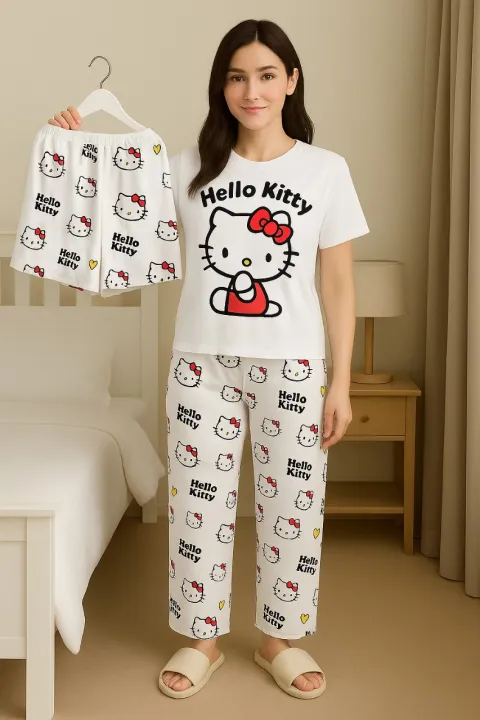 White Hello Kitty 3-Piece Loungewear Set – T-Shirt, Pajama & Shorts ...