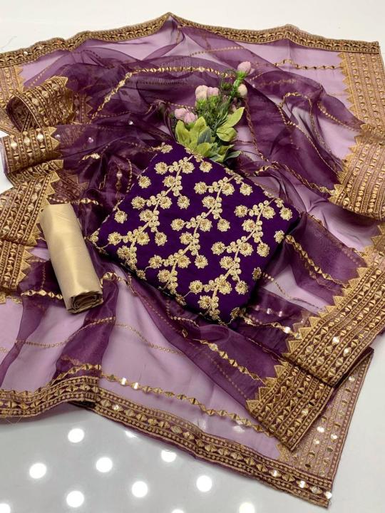 Chiffon Embroidery Shirt self masori Trouser And Indian soft Organza base 9MM work Sequence Dupata 3pc handmade Dress