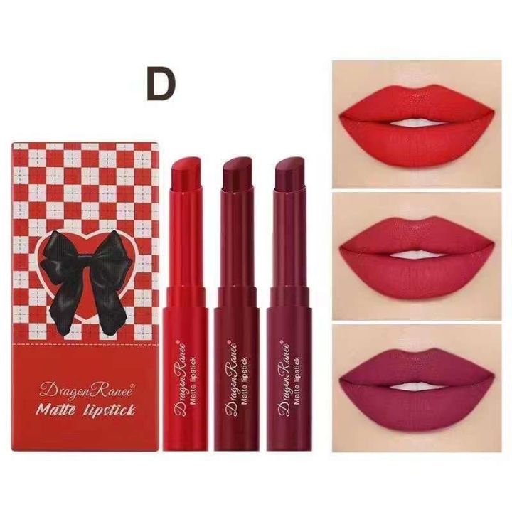 3pcs/set Bowknot Lipstick Set Pen 3 Color Matte Velvet Lip Gloss Kit Long Lasting Waterproof Pink Lip Stick Nude Red Lips Makeup