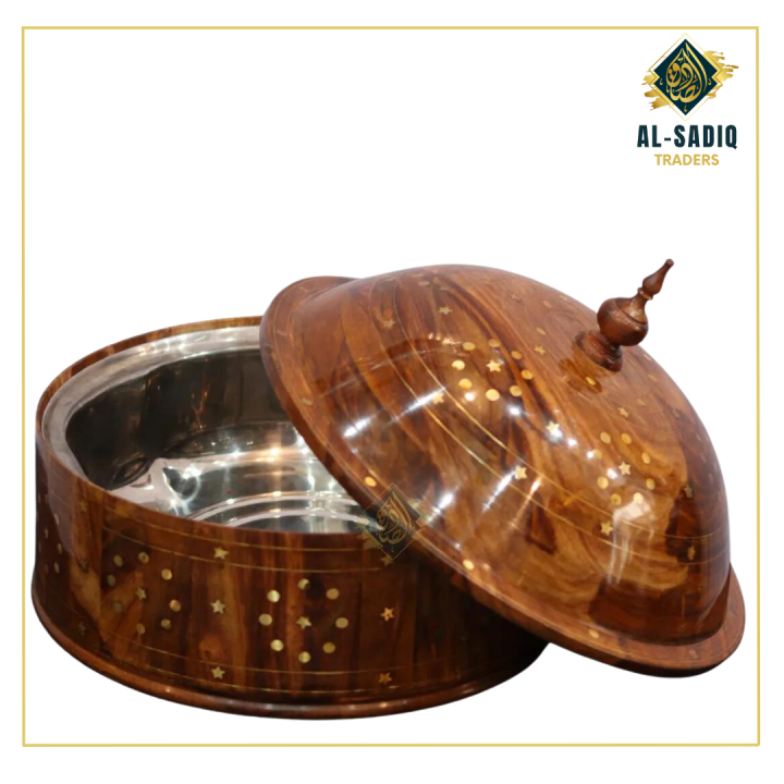 AL-SADIQ TRADERS | Wooden Handmade Hotpot kitchen Hot Case dining  Brass Work Hot Pot With Stainless Steel Container Premium Hand Crafted Wooden Hotpot customized