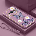 Redmi A3 Little Daisy Luxury Butterfly Flower Casing Square Edges Plating Back TPU Soft Case with Lanyard Cover. 