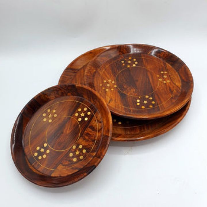 Upgrade Your Table Setting! 3-Piece Wooden Plate Set with Brass Inlay | Decorative Plates for Dining | Eco-Friendly Plates for Dining & Serving | Impress Your Guests | Hadi Wood Craft on Daraz.pk