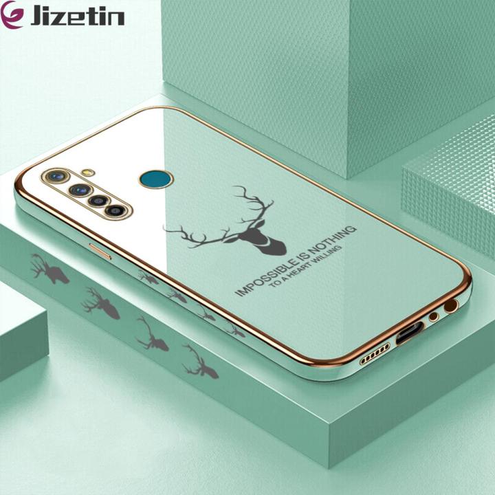 Jizetin (Free Lanyard) for Realme 5 Pro Back Cover Antlers Luxury 6D Plating Case Side Pattern Soft Silicone Square Phone Cases