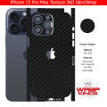 iPhone 15 Pro Max Skin/Wrap 360 Protection Sheet/ Carbon fiber/ Matte/ Transparent/ Lamination Back And Sides Included Camera Skin. 