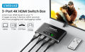 VWRHAR HDMI Switch 3 in 1 Out 4K UHD HDMI Switcher Splitter, Automatic Switch with Remote Metal HDMI Switch Box Hub Support 4K 30Hz 3D 1080P HDCP1.4 for PS5 PS4 Xbox DVD Player Fire Stick Apple TV PC. 