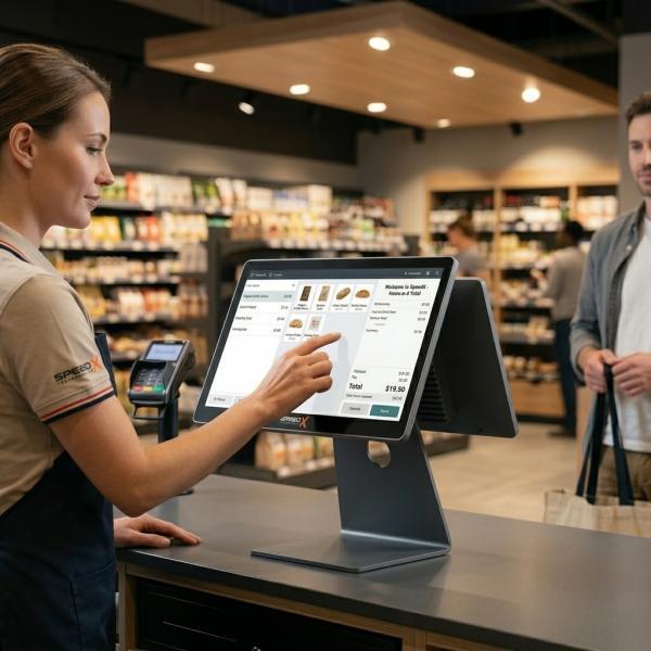 Speed-X POS  Dual Display All-in-One POS System 15.6-Inch Full HD Touchscreen 1920×1080 Main Display  11.6-Inch Customer Display, Intel Core i5 8th Gen, 8GB DDR4 RAM, 128GB mSATA SSD, Windows 11, WiFi 6 & Bluetooth 5.3