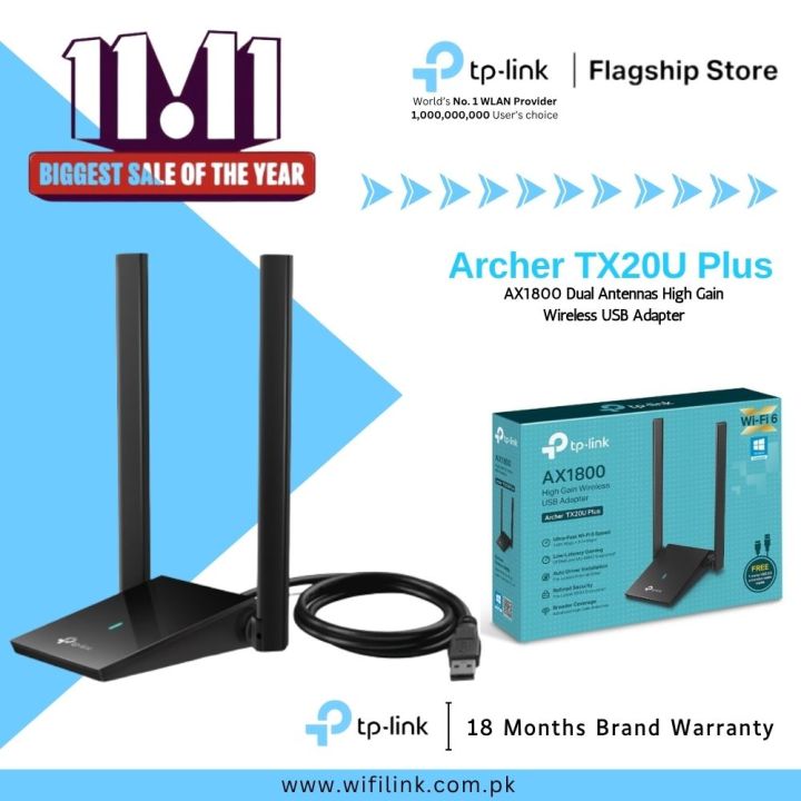 TP-Link Wi-Fi 6 Adapter Archer TX20U Plus AX1800 Dual Band High Gain Antennas Wireless USB Adapter - 18 Months Brand Warranty