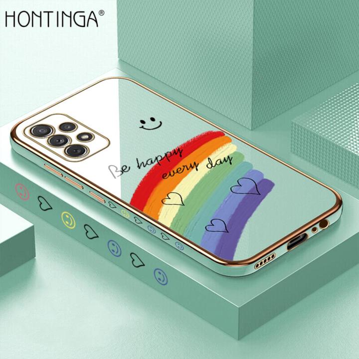 Hontinga for Samsung A72 5G/4G Back Cover（Free Lanyard）Luxury 6D Plating Smile Rainbow Side Pattern Case Soft Silicone Square Mobile Cover