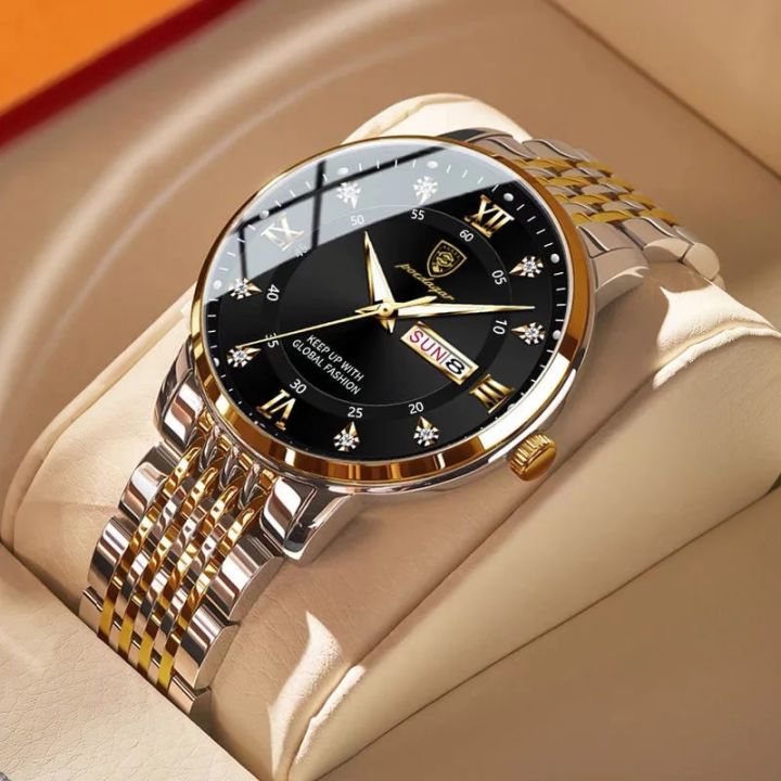 Men Watch Stainless Steel Push Button Hidden Clasp Waterproof Luminous Date Week Sport Wrist Watches