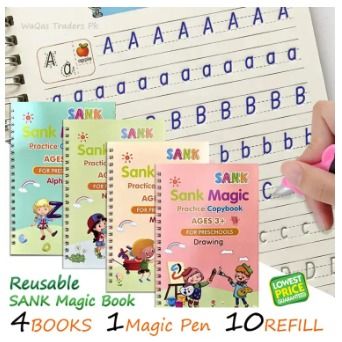 Reusable Sank Magic Practice Copybook Montessori Reusable Magic Books for Kids Handwriting Free Wiping Calligraphy Practice Copy Books Children Tracing Sank Calligraphy Handwriting First Preschool Baby (4 Magic Books + 1Magic Pen + 10 Refills